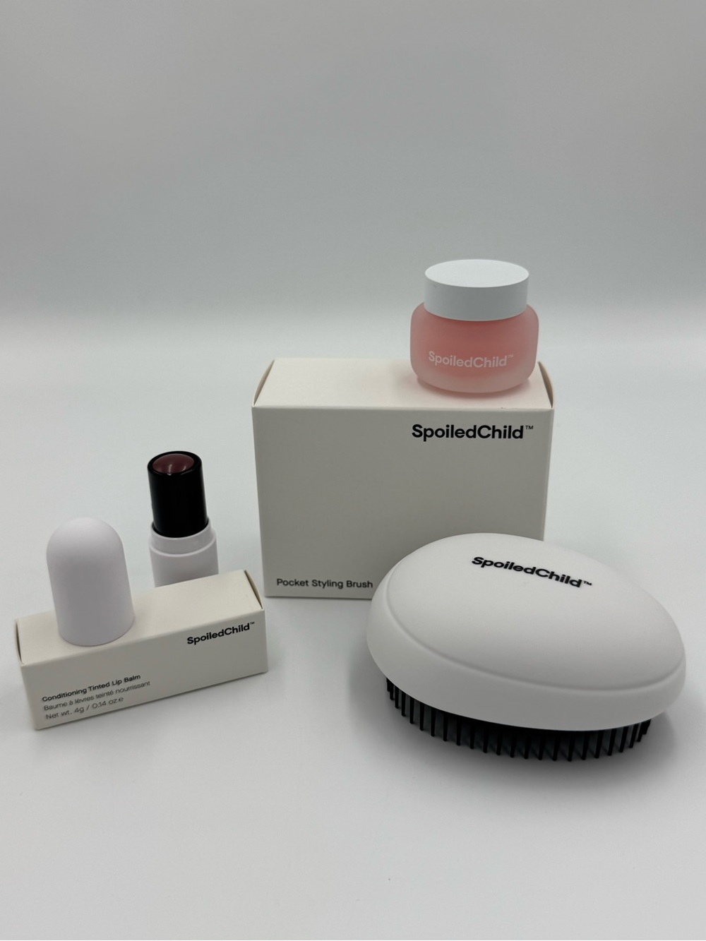 SpoiledChild Pocket Styling Brush, Tinted Lip Balm & Overnight Lip Mask NIB